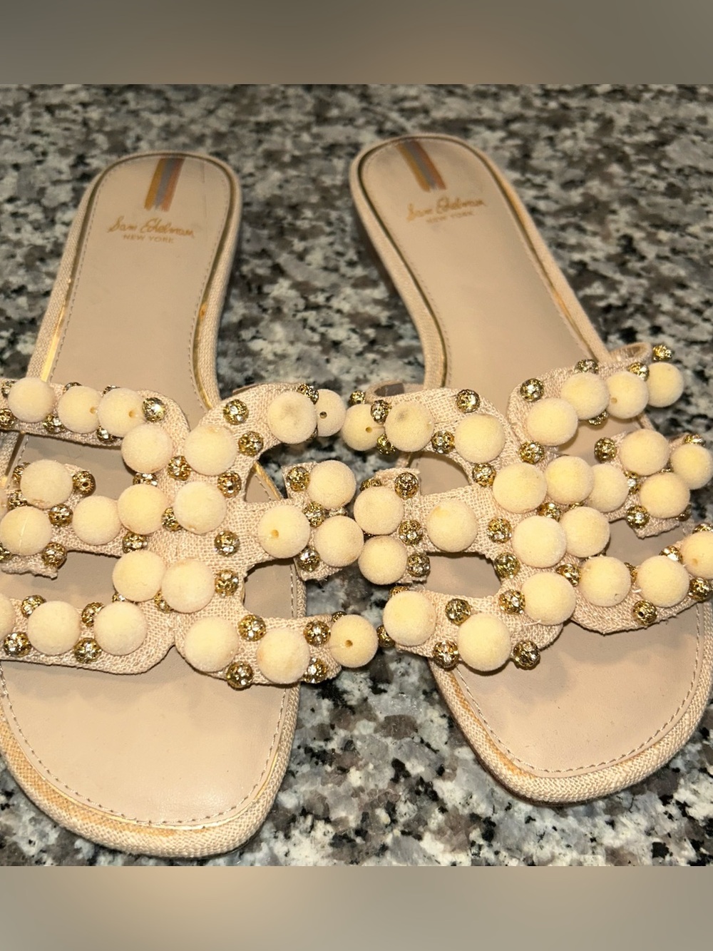 Sam Edelman Cream Pom-Pom & Rhinestone Slide Sandals